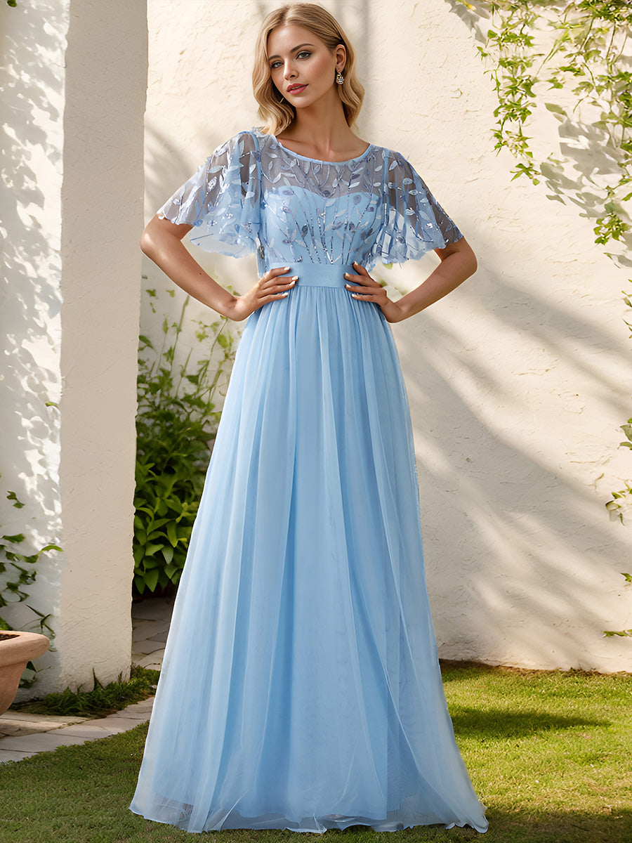 Damen A-Line Kurzarm Stickerei Bodenlanges Abendkleid #Farbe_Himmelblau