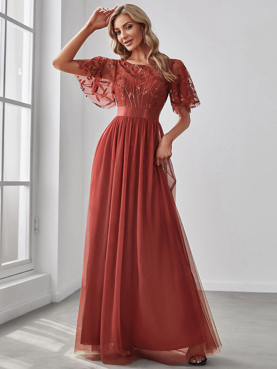 Damen A-Line Kurzarm Stickerei Bodenlanges Abendkleid #Farbe_Gebranntes Orange