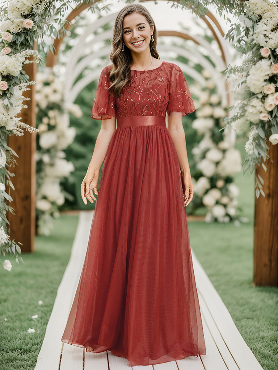 Damen A-Line Kurzarm Bodenlanges Abendkleid 00904 #farbe_Gebranntes Orange