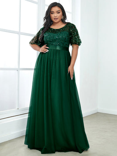 Damen A-Line Kurzarm Bodenlanges Abendkleid 00904 #farbe_Dunkelgrün