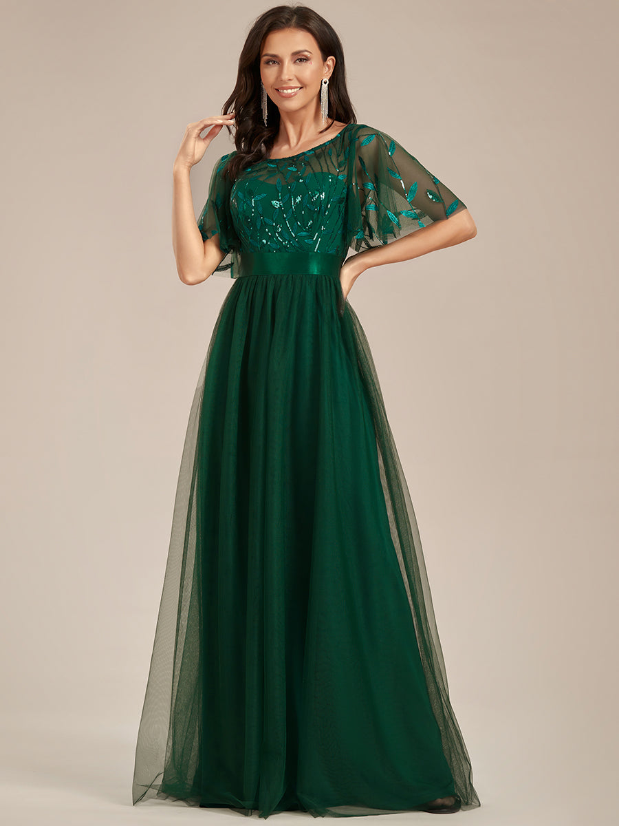 Damen A-Line Kurzarm Stickerei Bodenlanges Abendkleid #Farbe_Dunkelgrün