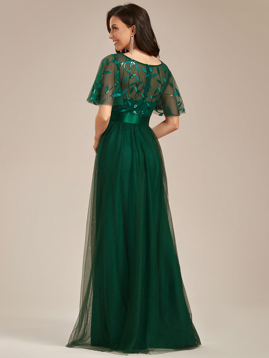 Damen A-Line Kurzarm Stickerei Bodenlanges Abendkleid #Farbe_Dunkelgrün