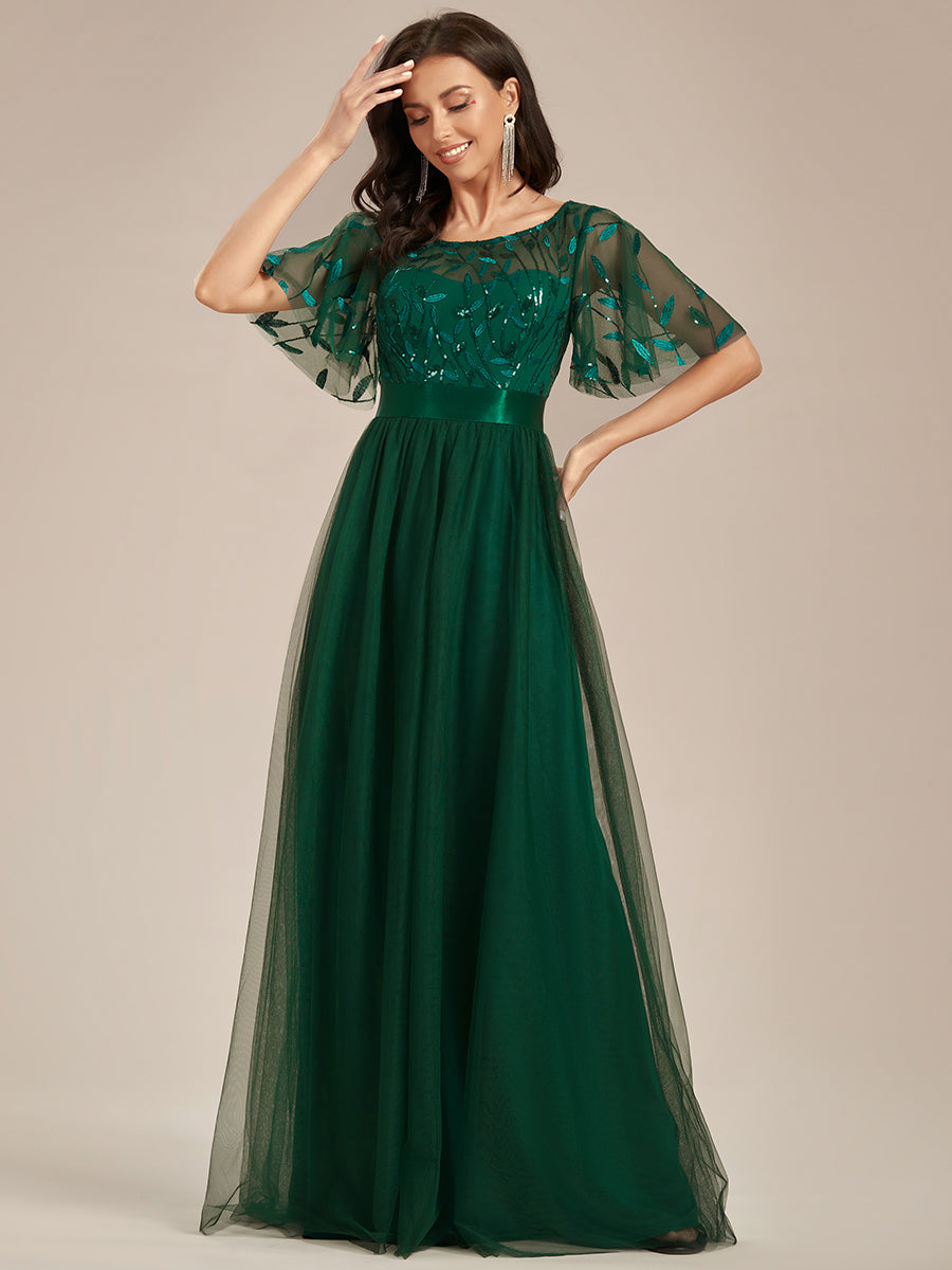 Damen A-Line Kurzarm Stickerei Bodenlanges Abendkleid #Farbe_Dunkelgrün