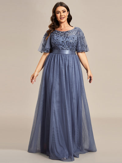 Damen A-Line Kurzarm Bodenlanges Abendkleid 00904 #farbe_Taubenblau