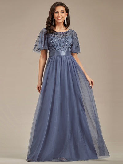 Damen A-Line Kurzarm Stickerei Bodenlanges Abendkleid #Farbe_Taubenblau