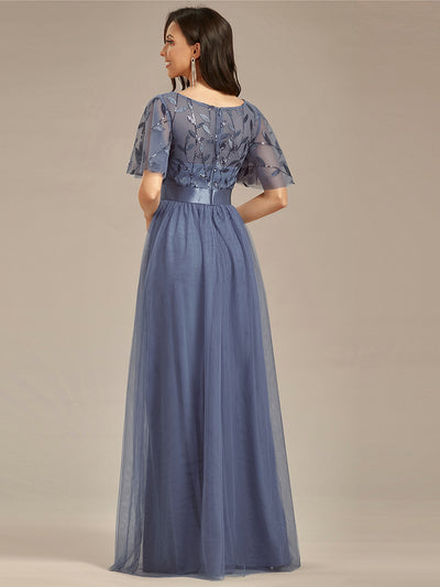Damen A-Line Kurzarm Stickerei Bodenlanges Abendkleid #Farbe_Taubenblau