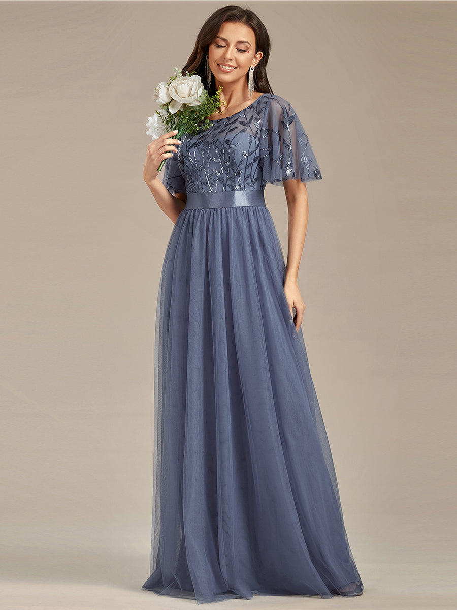 Damen A-Line Kurzarm Stickerei Bodenlanges Abendkleid #Farbe_Taubenblau