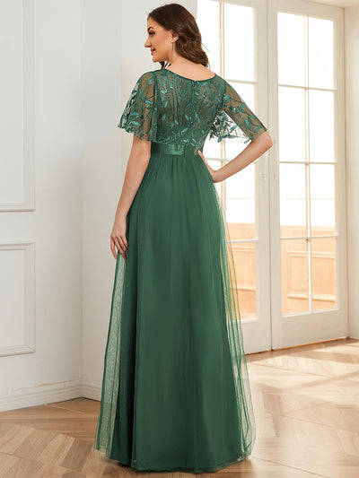 Damen A-Line Kurzarm Bodenlanges Abendkleid 00904 #farbe_Eukalyptus