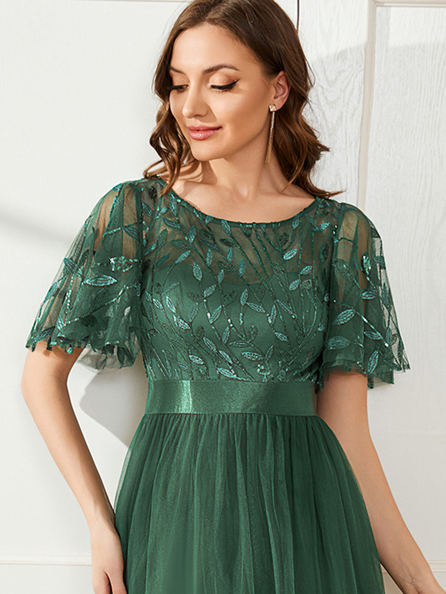 Damen A-Line Kurzarm Stickerei Bodenlanges Abendkleid #Farbe_Eukalyptus