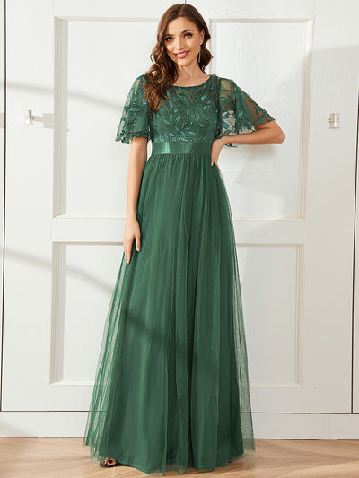 Damen A-Line Kurzarm Bodenlanges Abendkleid 00904 #farbe_Eukalyptus