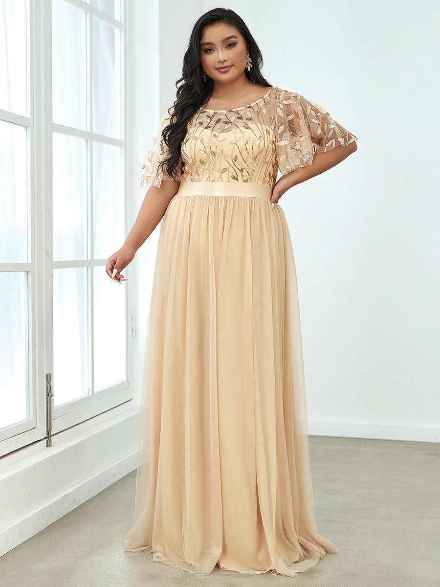 Damen A-Line Kurzarm Stickerei Bodenlanges Abendkleid #Farbe_Gold