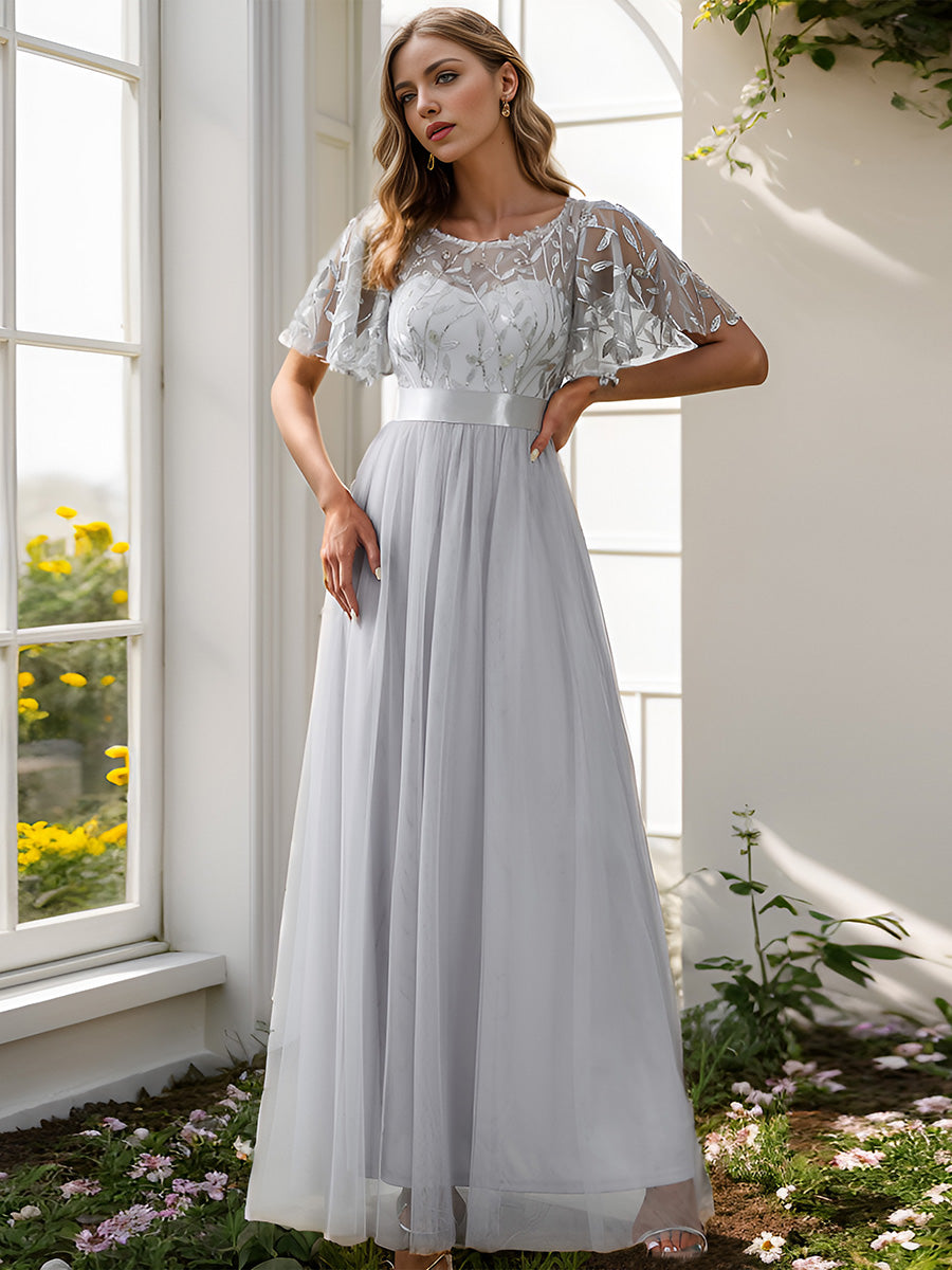 Damen A-Line Kurzarm Bodenlanges Abendkleid 00904 #farbe_Grau