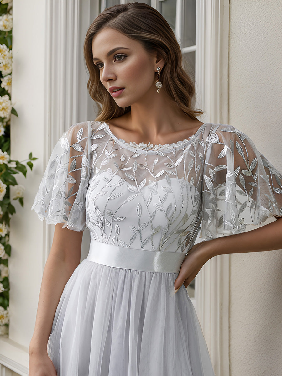 Damen A-Line Kurzarm Stickerei Bodenlanges Abendkleid #Farbe_Grau