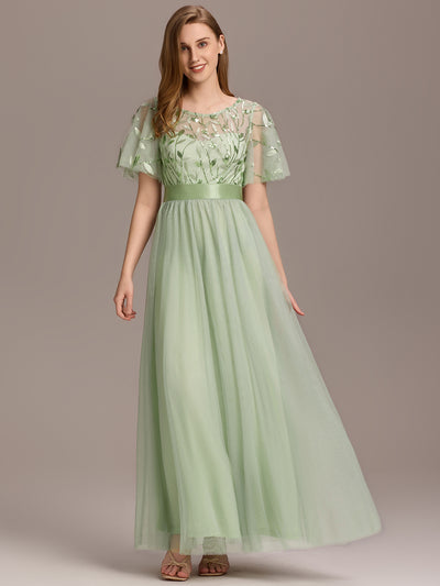Damen A-Line Kurzarm Stickerei Bodenlanges Abendkleid #Farbe_Mintgrün
