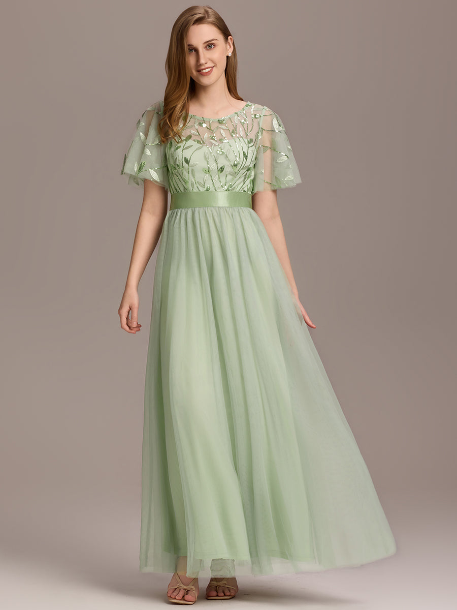 Damen A-Line Kurzarm Stickerei Bodenlanges Abendkleid #Farbe_Mintgrün