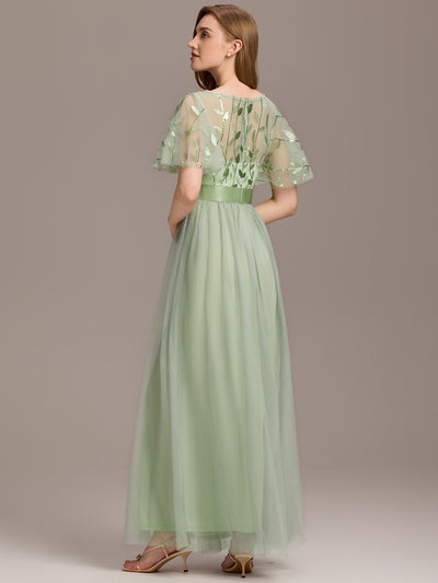 Damen A-Line Kurzarm Stickerei Bodenlanges Abendkleid #Farbe_Mintgrün