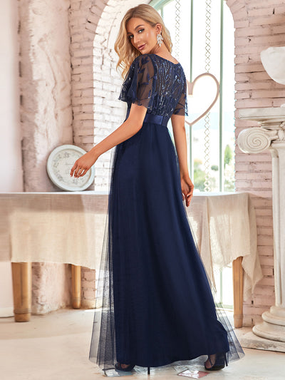 Damen A-Line Kurzarm Stickerei Bodenlanges Abendkleid #Farbe_Marineblau