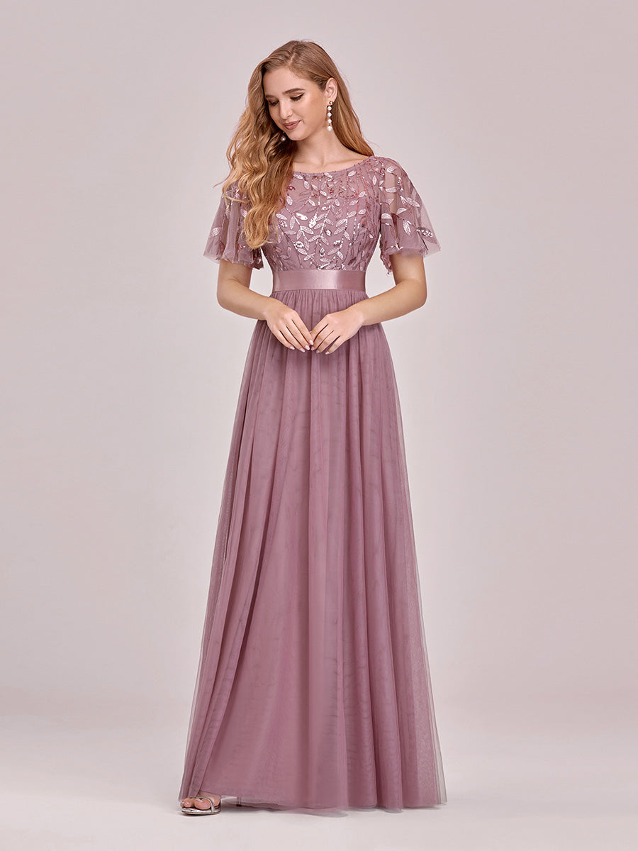 Damen A-Line Kurzarm Stickerei Bodenlanges Abendkleid #Farbe_Orchideenviolett