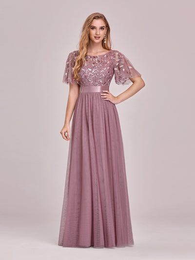Damen A-Line Kurzarm Stickerei Bodenlanges Abendkleid #Farbe_Orchideenviolett