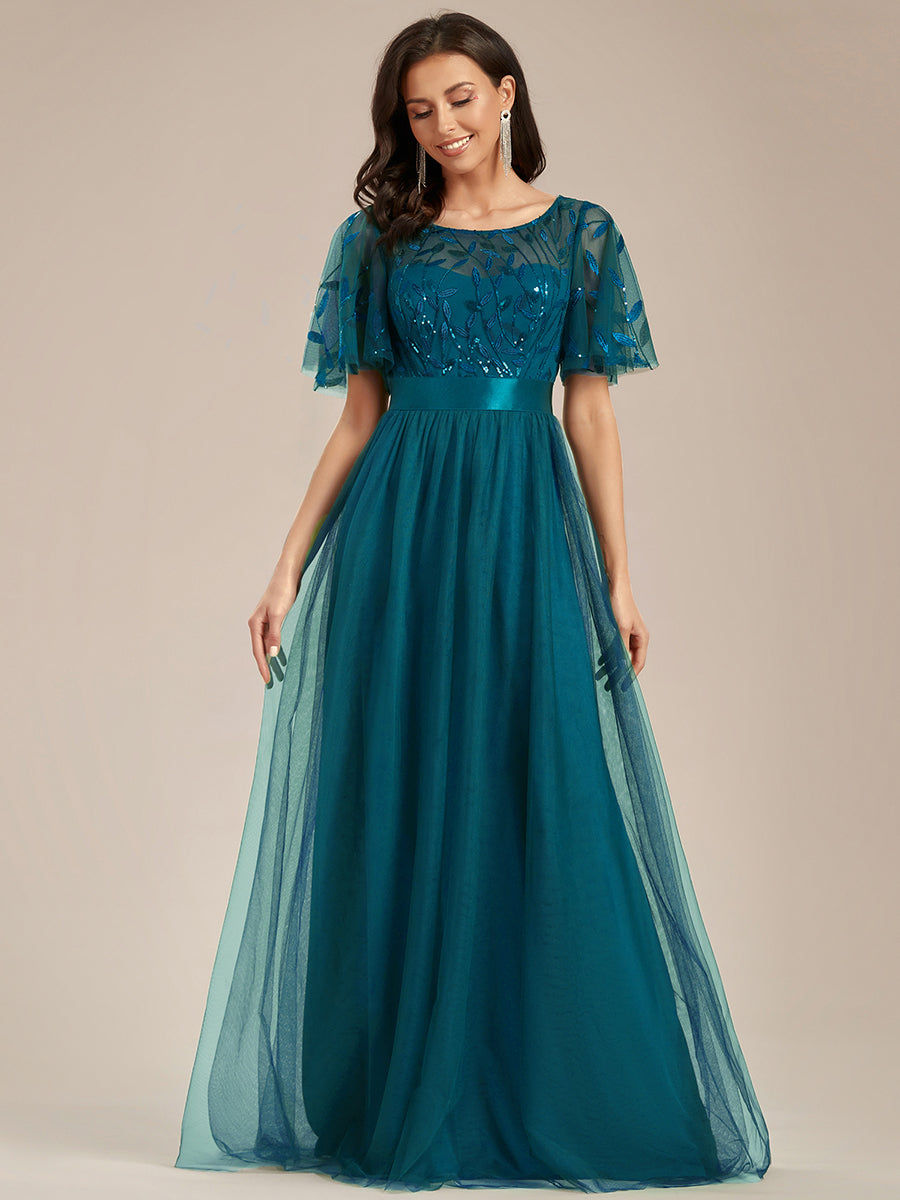 Damen A-Line Kurzarm Stickerei Bodenlanges Abendkleid #Farbe_Petrol