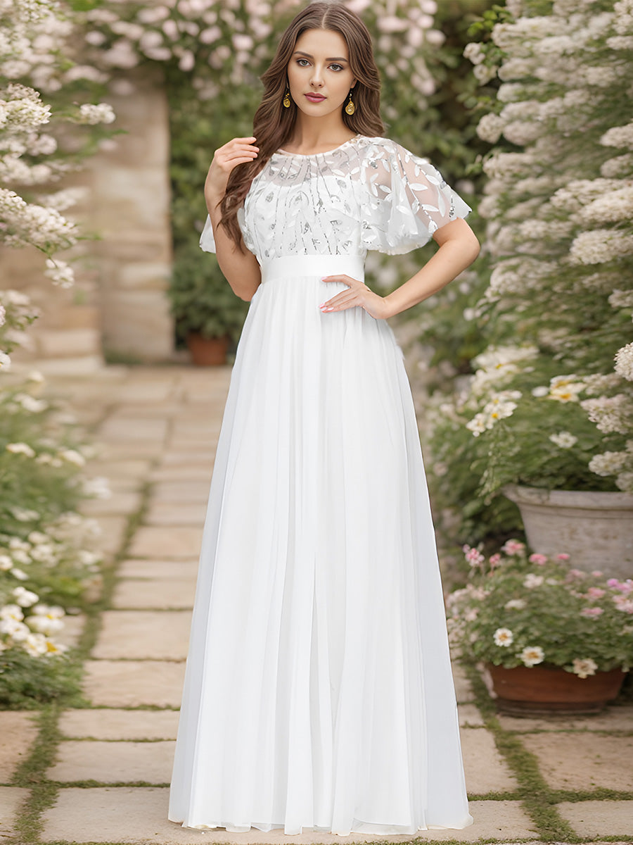 Damen A-Line Kurzarm Stickerei Bodenlanges Abendkleid #Farbe_Weiß