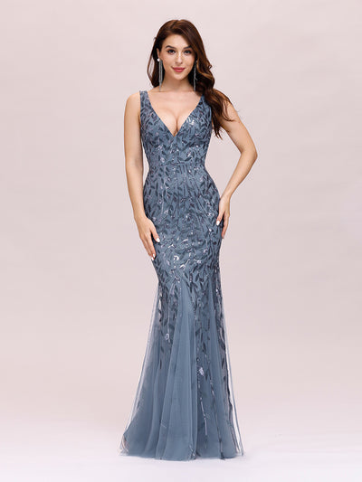 Aermelloses Abendkleid mit doppeltem V-Ausschnitt #Farbe_Taubenblau