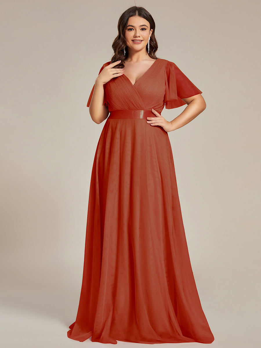 Plus Size V-Ausschnitt A-Linie Kurzarm Bodenlang Brautjungfernkleider #Farbe_Gebranntes Orange