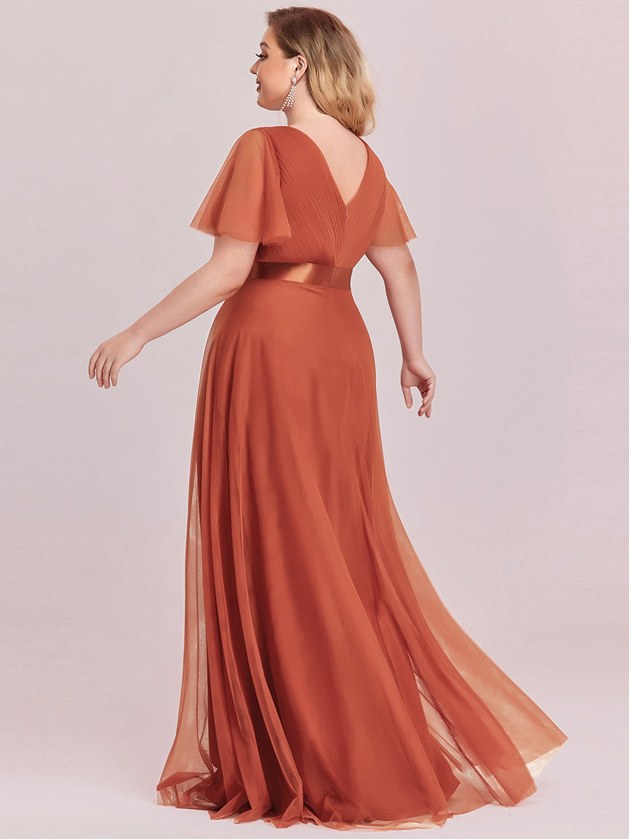Plus Size V-Ausschnitt A-Linie Kurzarm Bodenlang Brautjungfernkleider #Farbe_Gebranntes Orange