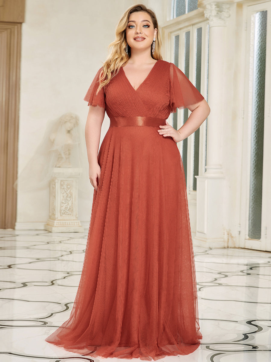 Plus Size V-Ausschnitt A-Linie Kurzarm Bodenlang Brautjungfernkleider #Farbe_Gebranntes Orange