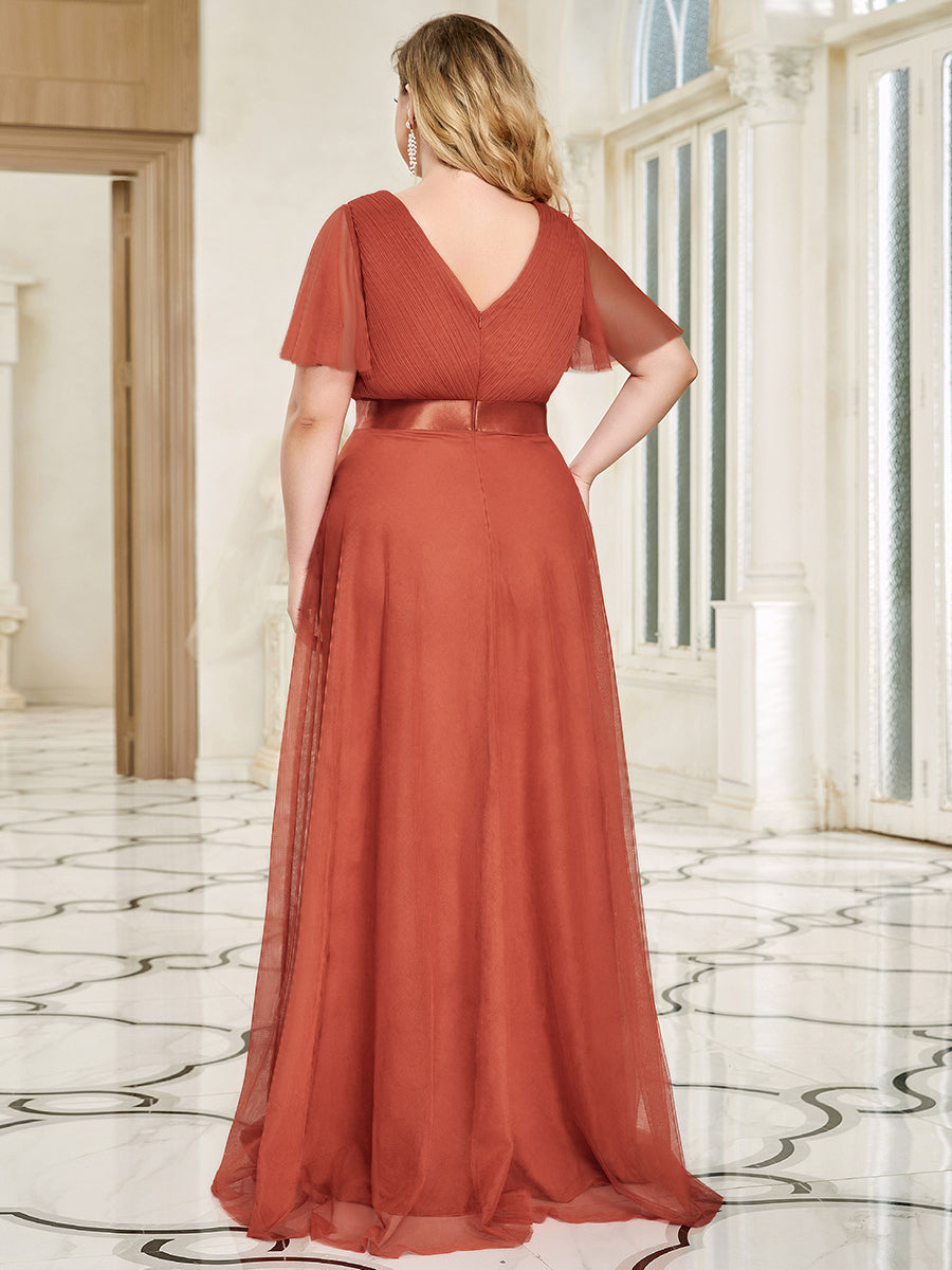 Plus Size V-Ausschnitt A-Linie Kurzarm Bodenlang Brautjungfernkleider #Farbe_Gebranntes Orange