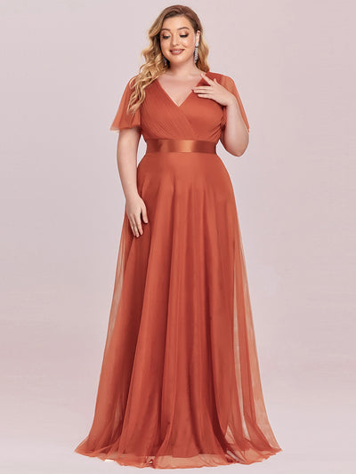 Plus Size V-Ausschnitt A-Linie Kurzarm Bodenlang Brautjungfernkleider #Farbe_Gebranntes Orange