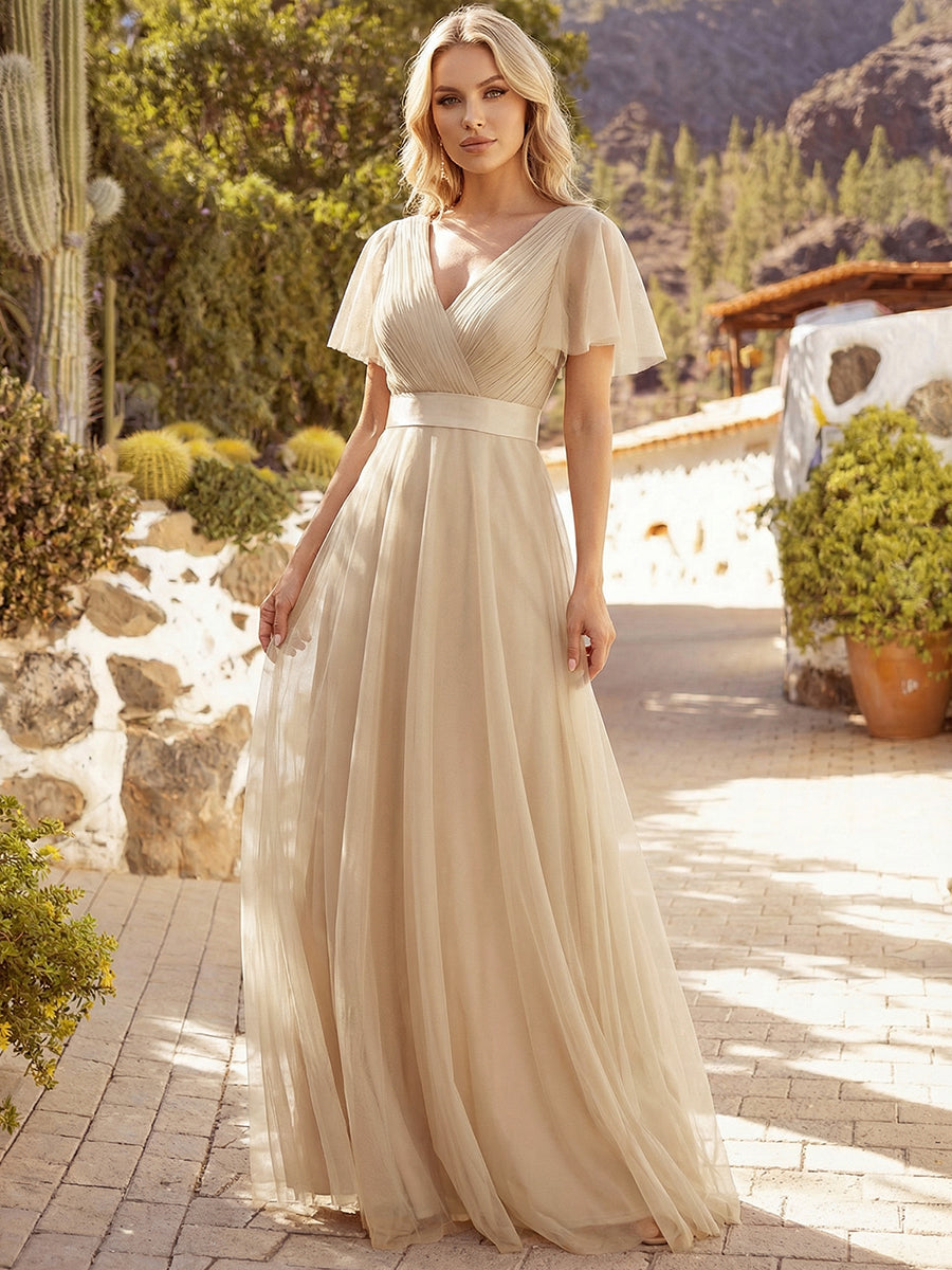 V-Ausschnitt A-Linie Kurzarm Bodenlang Brautjungfernkleider #Farbe_Champagner