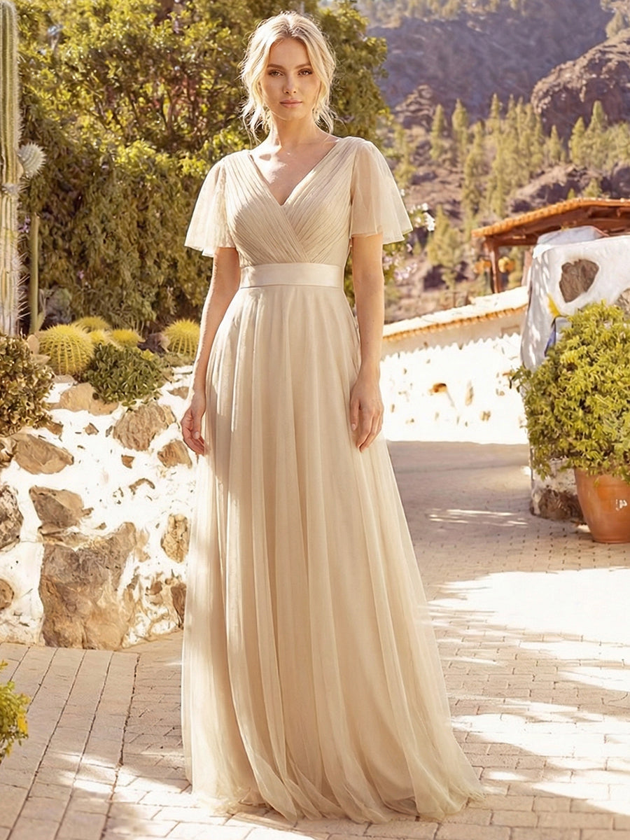 V-Ausschnitt A-Linie Kurzarm Bodenlang Brautjungfernkleider #Farbe_Champagner