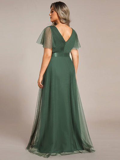 Plus Size V-Ausschnitt A-Linie Kurzarm Bodenlang Brautjungfernkleider #Farbe_Eukalyptus
