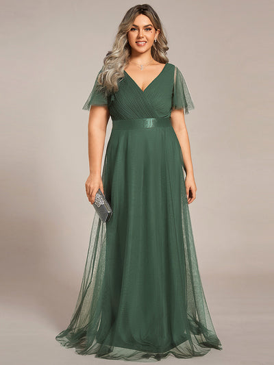 Plus Size V-Ausschnitt A-Linie Kurzarm Bodenlang Brautjungfernkleider #Farbe_Eukalyptus