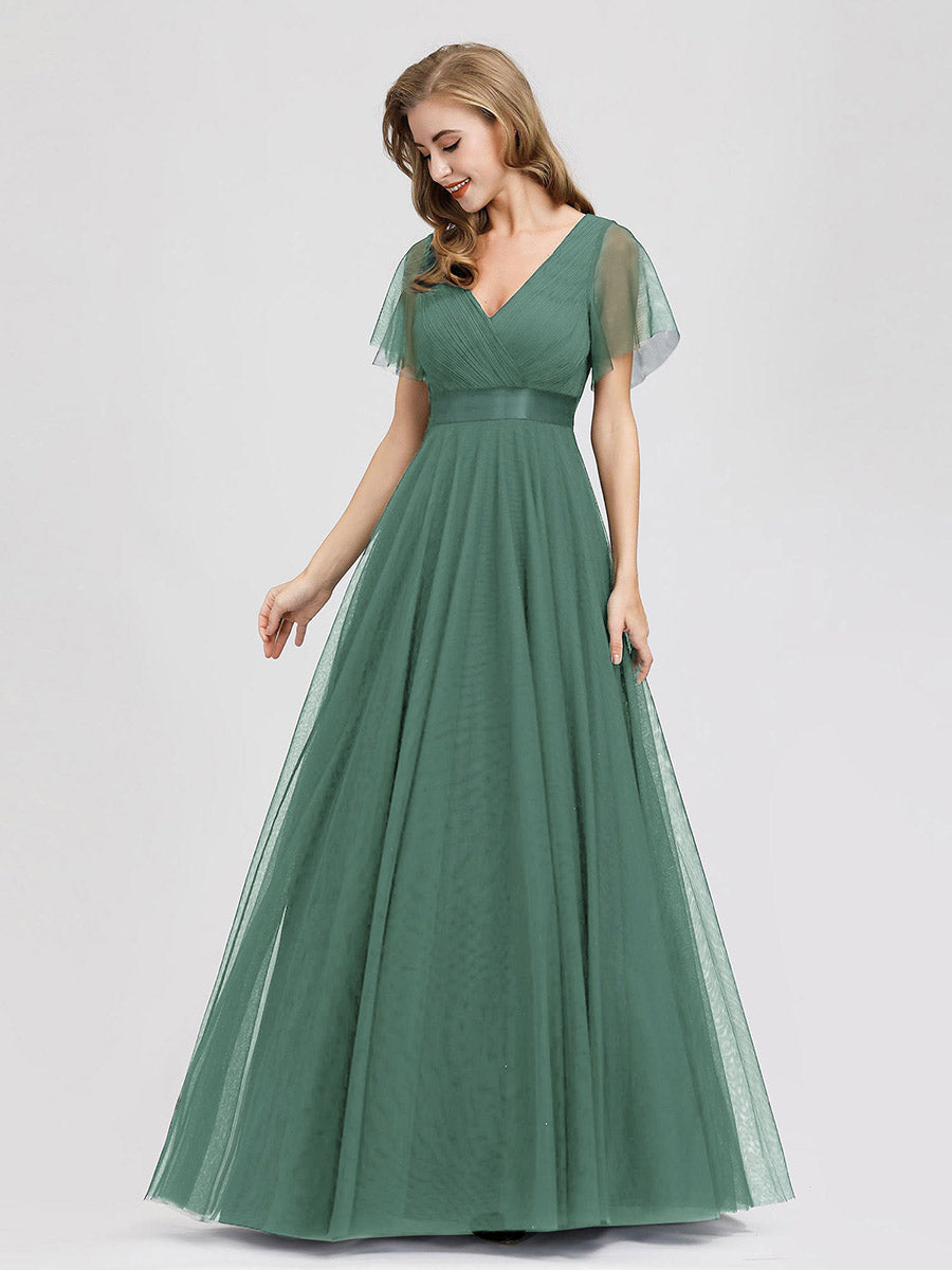 V-Ausschnitt A-Linie Kurzarm Bodenlang Brautjungfernkleider #Farbe_Khakigrün