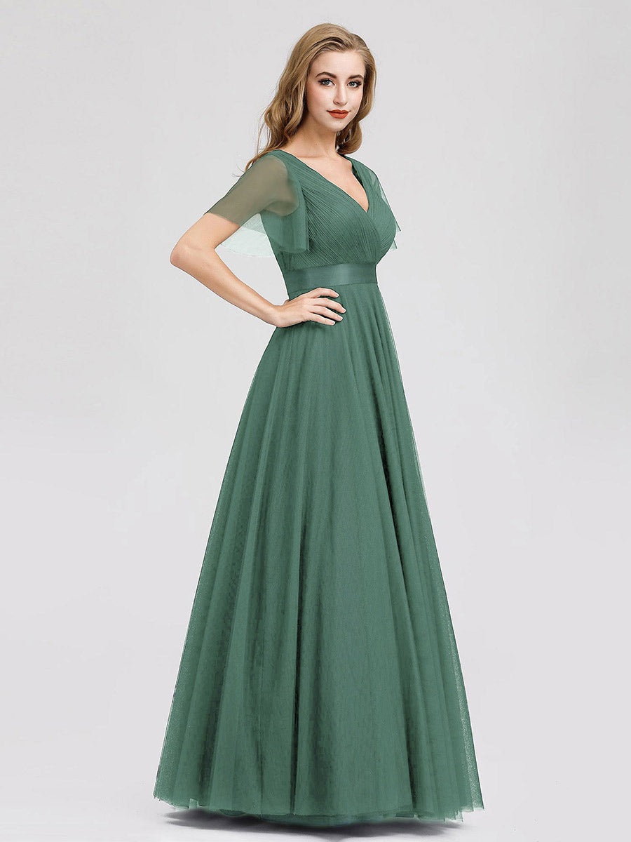 V-Ausschnitt A-Linie Kurzarm Bodenlang Brautjungfernkleider #Farbe_Khakigrün