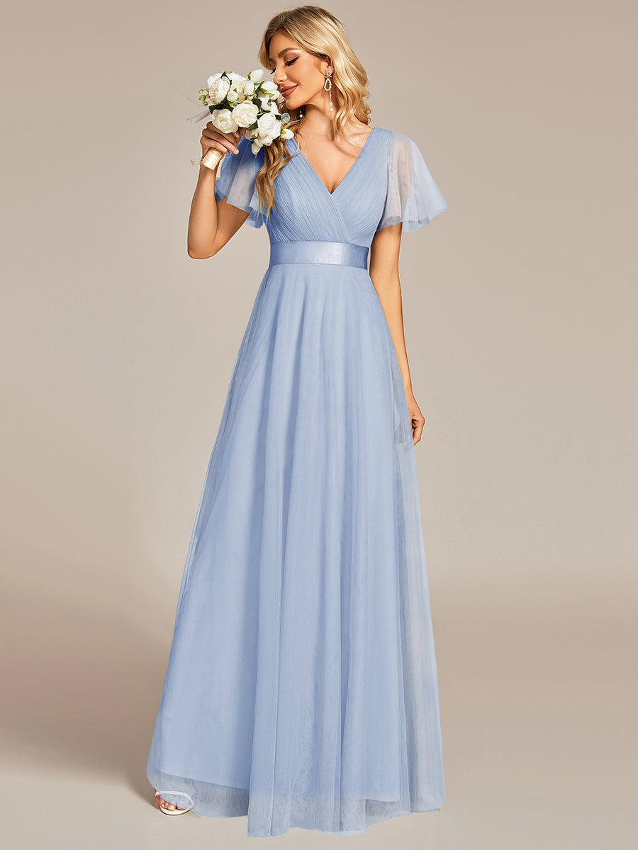 V-Ausschnitt A-Linie Kurzarm Bodenlang Brautjungfernkleider #Farbe_Eisblau