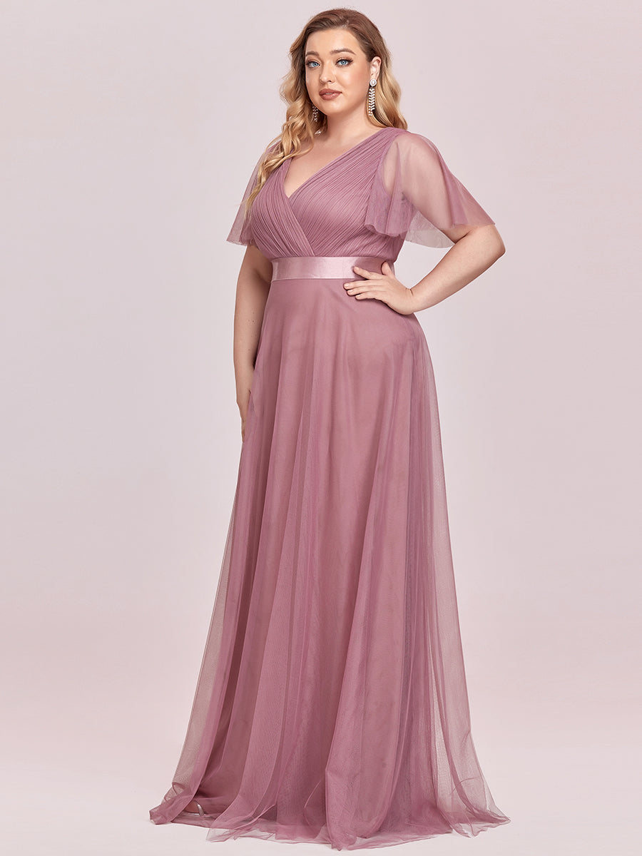Plus Size V-Ausschnitt A-Linie Kurzarm Bodenlang Brautjungfernkleider #Farbe_Orchideenviolett
