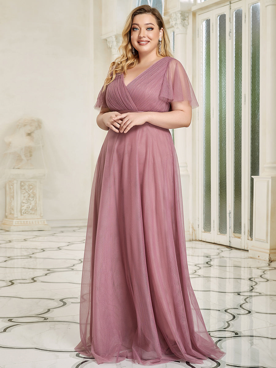 Plus Size V-Ausschnitt A-Linie Kurzarm Bodenlang Brautjungfernkleider #Farbe_Orchideenviolett