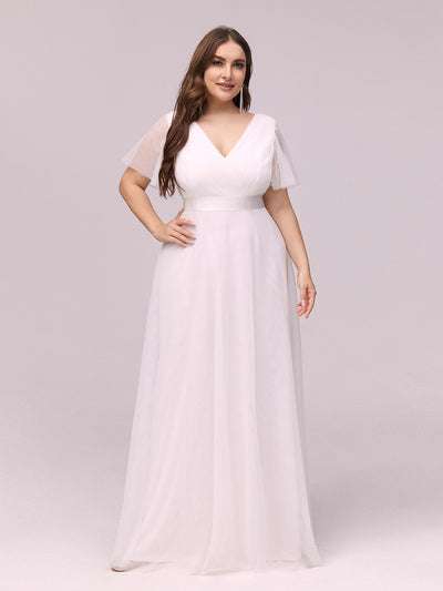 Plus Size V-Ausschnitt A-Linie Kurzarm Bodenlang Brautjungfernkleider #Farbe_Weiß