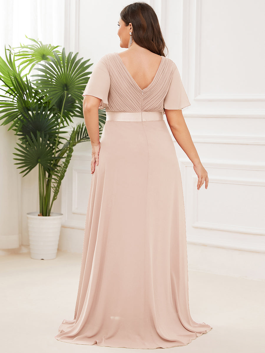 Damen V-Ausschnitt Lange Chiffon Abendkleider mit Schleppe #Farbe_Blush-Rosa