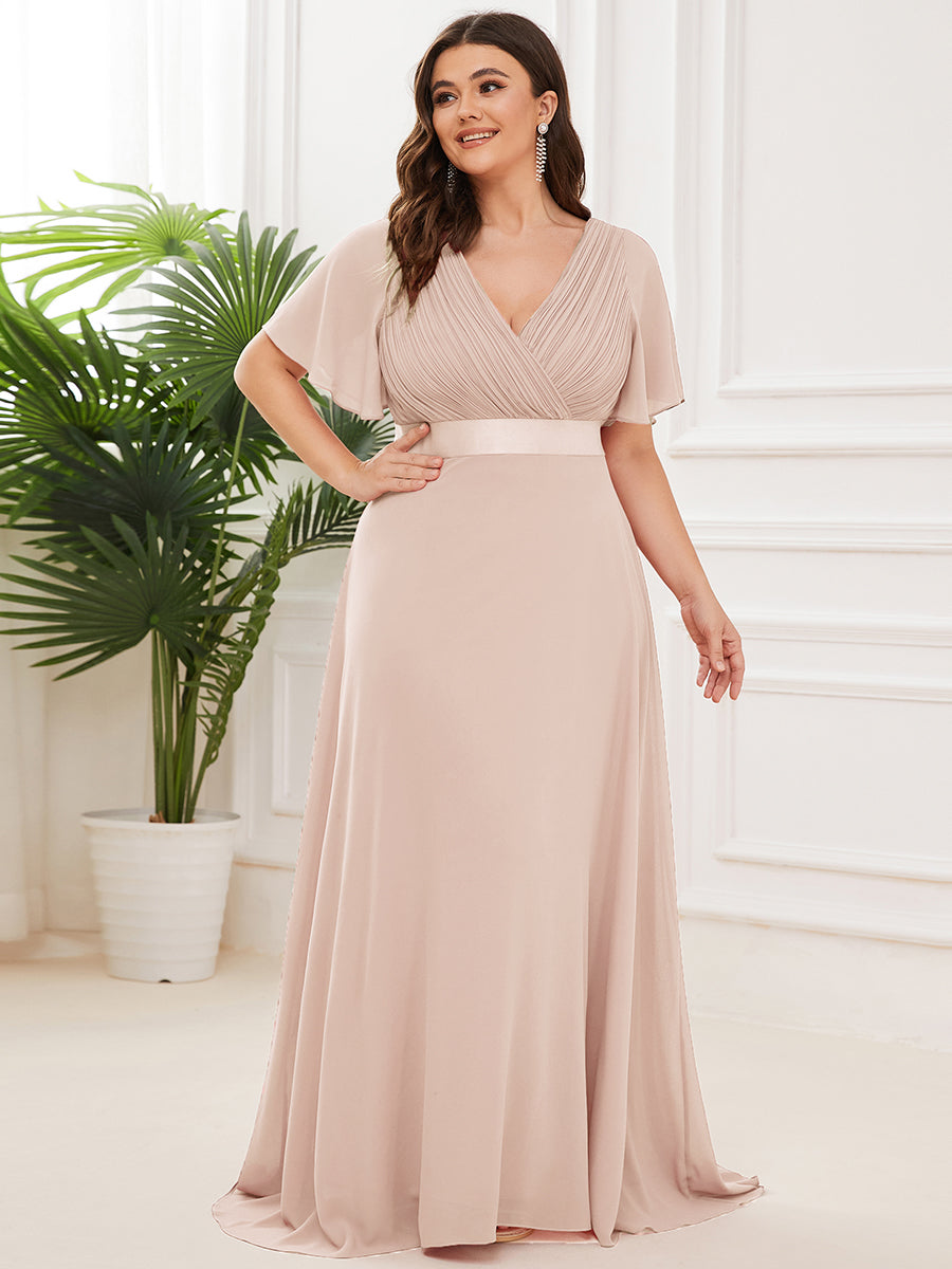 Damen V-Ausschnitt Chiffon Lange Abendkleider mit Schleppe #Farbe_Blush-Rosa