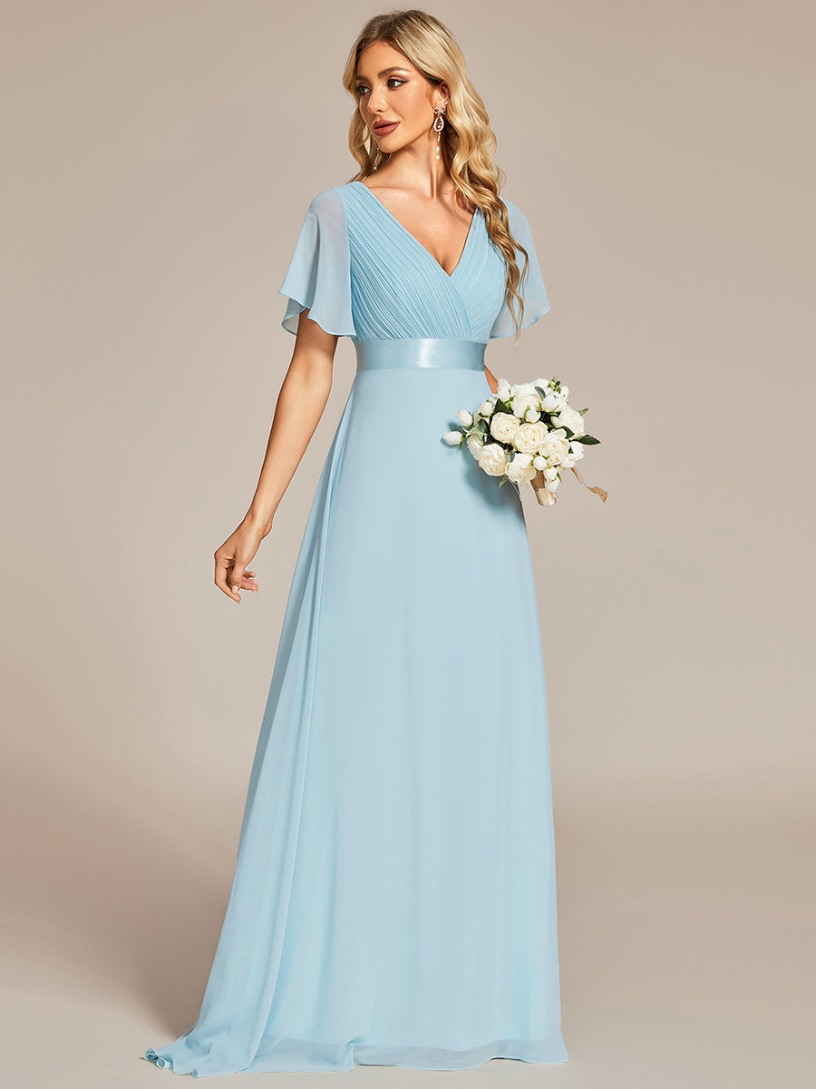Minimalistisches A-Line Maxi Chiffon Brautkleid mit Satingürtel #Farbe_Himmelblau