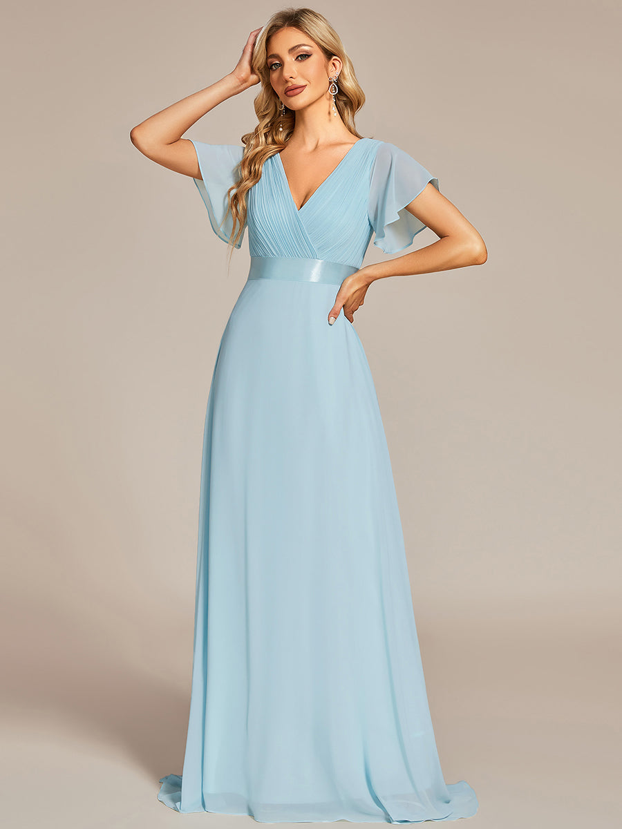Minimalistisches A-Line Maxi Chiffon Brautkleid mit Satingürtel #Farbe_Himmelblau