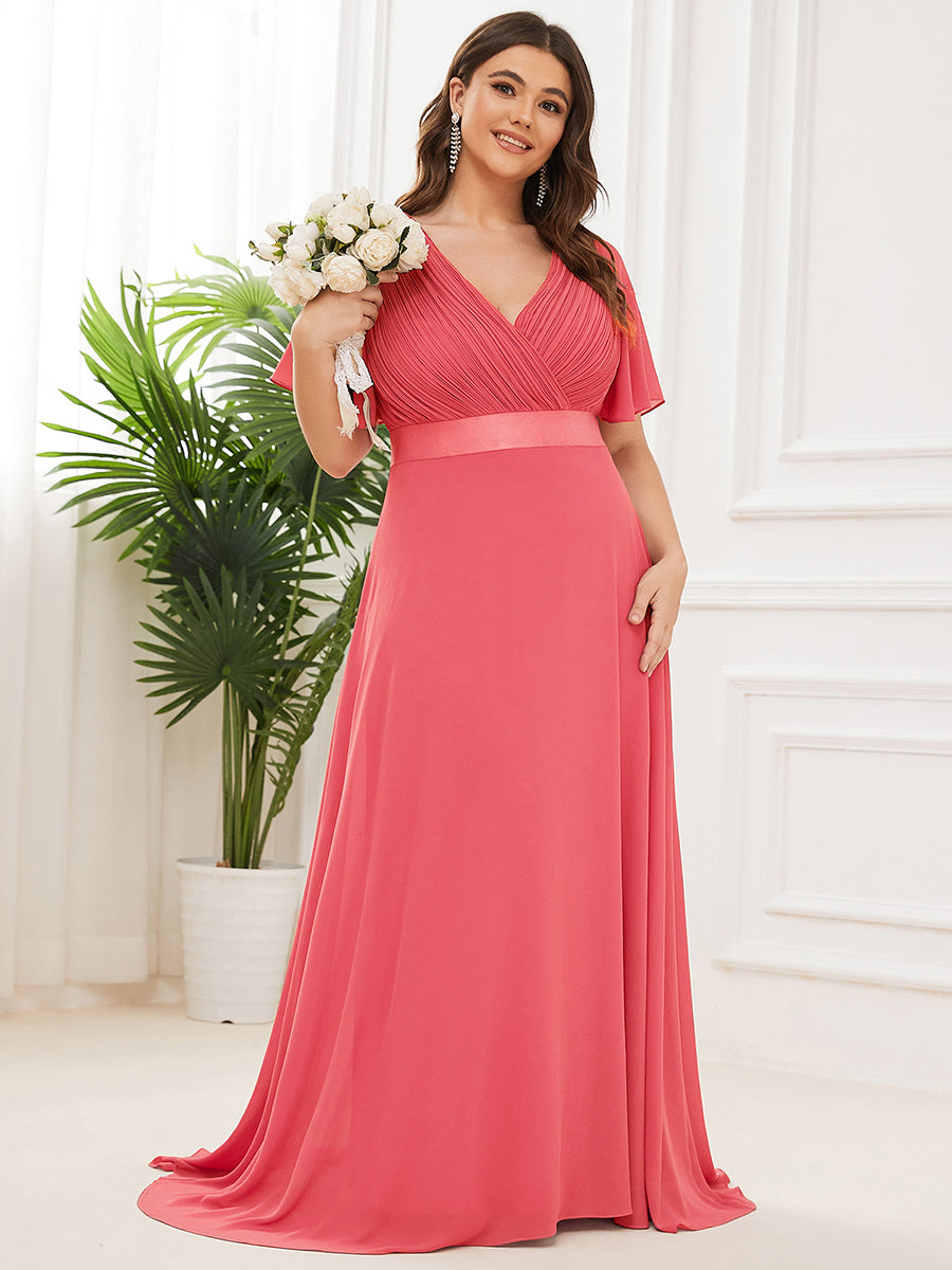 Langes Brautjungfernkleid mit Empire-Taille und kurzen, flatternden Ärmeln #Farbe_Koralle