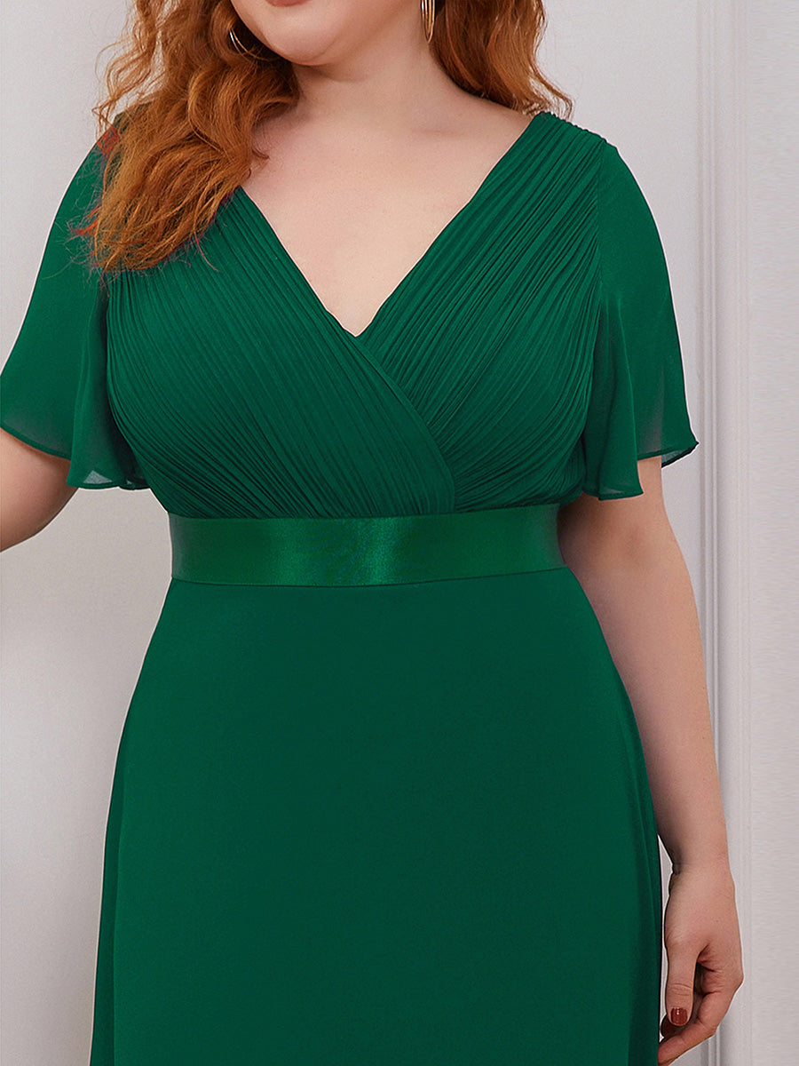 Damen V-Ausschnitt Chiffon Lange Abendkleider mit Schleppe #Farbe_Dunkelgrün