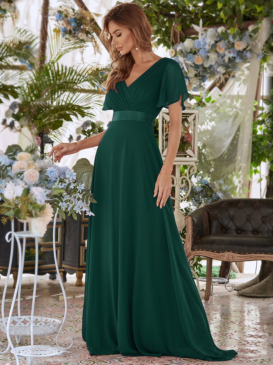 Elegantes Kleid für Hochzeitsgäste in A-Linie mit V-Ausschnitt und Flatterärmeln