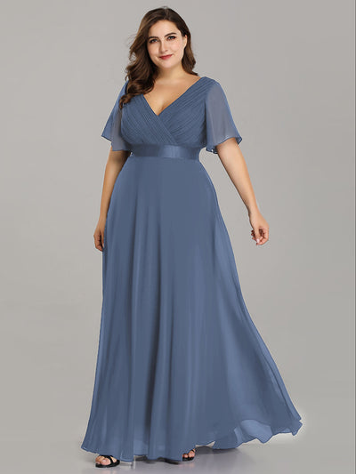 Damen V-Ausschnitt Lange Chiffon Abendkleider mit Schleppe #Farbe_Taubenblau