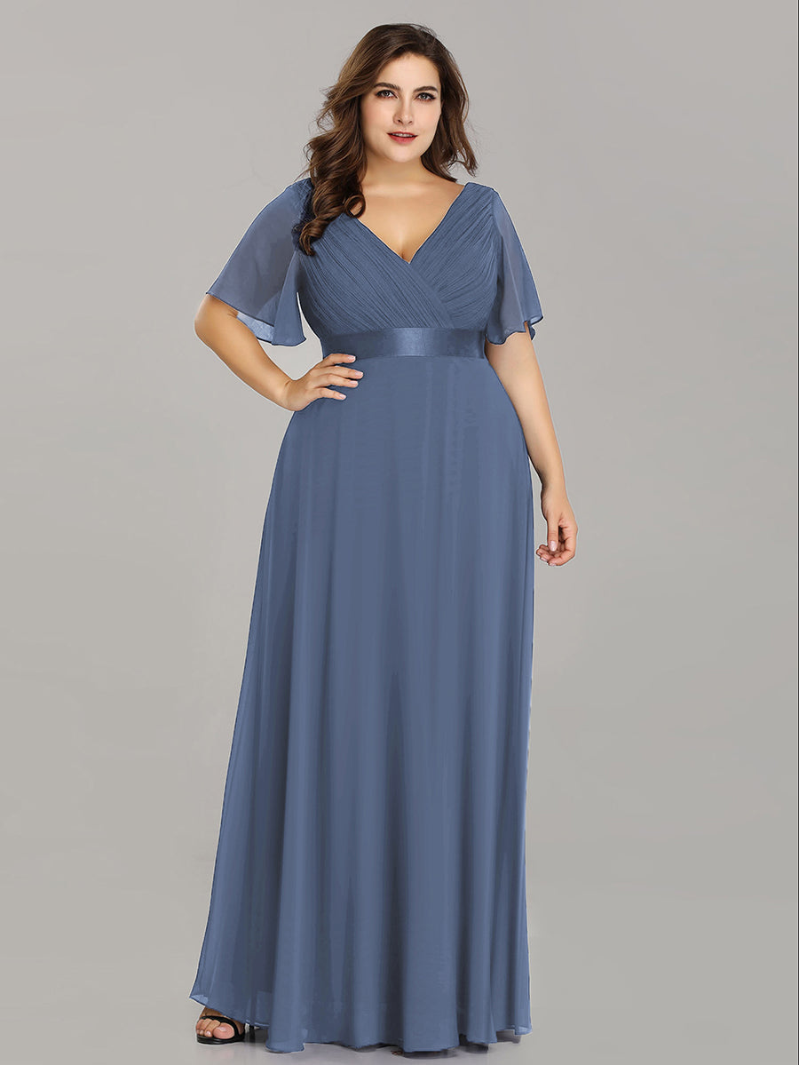 Langes Brautjungfernkleid mit Empire-Taille und kurzen, flatternden Ärmeln #Farbe_Taubenblau